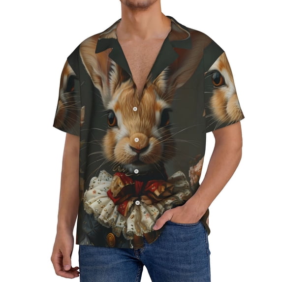 Pofeuu Palatial Style Flower Rabbit Print Mens Casual Short Sleeve Shirts Beach Summer Spread Collar Pocket Tops Men's Casual Short-sleeved Shirt-Large