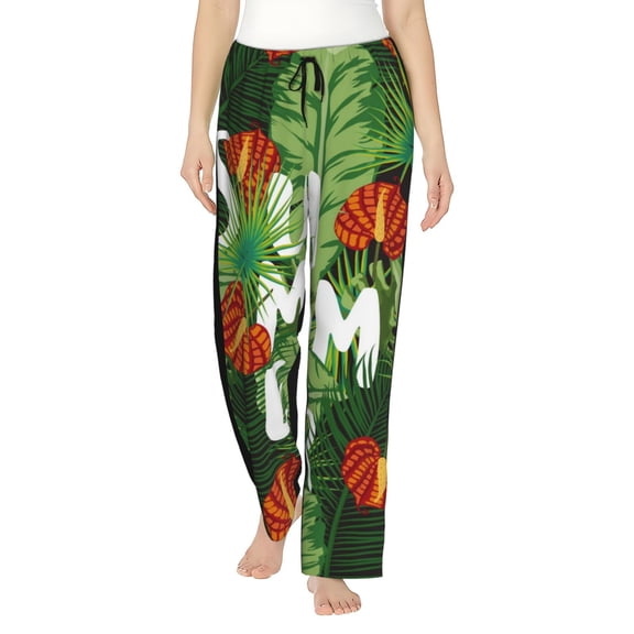 Pofeuu Palm Leaves And Tropical Flowers Print Women's Fashion Pajama Pants with Pockets Comfy Drawstring Sleep Lounge Bottoms-Medium