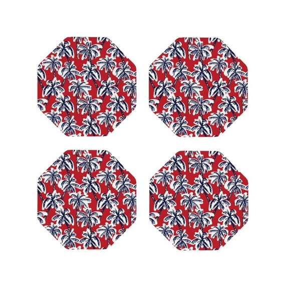 Pofeuu Palm Tree Pattern on Red Print Coasters for Drinks, 4Pack PU Leather Coasters, Bar Drink Coasters for Tabletop Protection, Furniture from Damage-Octagon