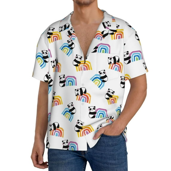 Pofeuu Panda And Rainbow Print Mens Casual Short Sleeve Shirts Beach Summer Spread Collar Pocket Tops Men's Casual Short-sleeved Shirt-X-Large