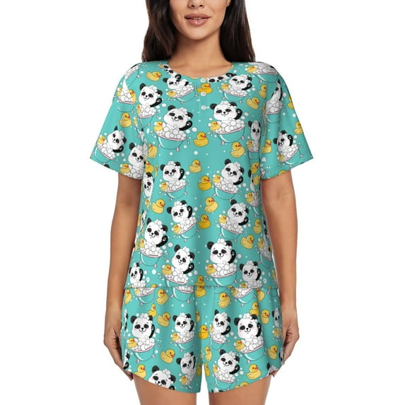 Pofeuu Panda Bathing Print Women's Pajama Set Short/Shorts Soft Button PJs Elastic Drawstring Waist Sleepwear-3X-Large