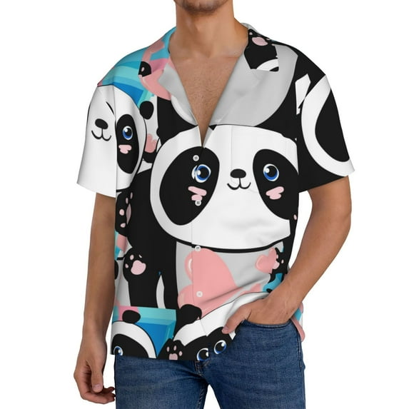 Pofeuu Panda Cute Pink Hearts Print Mens Casual Short Sleeve Shirts Beach Summer Spread Collar Pocket Tops Men's Casual Short-sleeved Shirt-X-Large