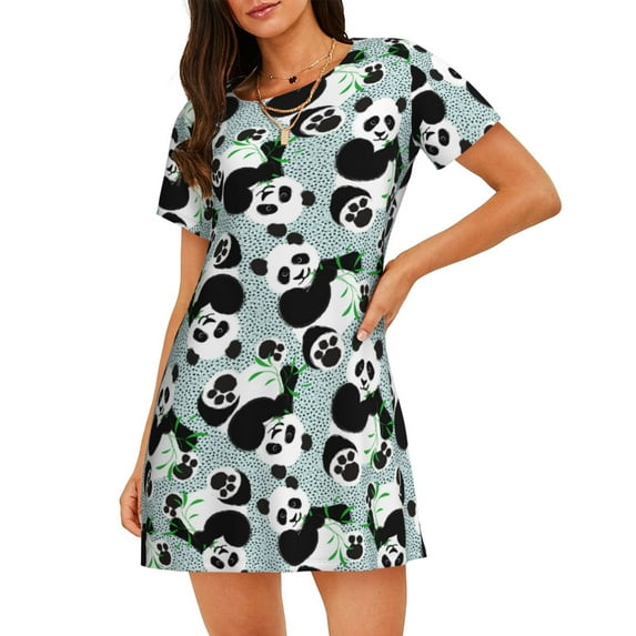 Pofeuu Panda And Eucalyptus Print Women's Loose Fit Short Sleeve Nightgown, Comfortable Sleep Dress for Women, Casual Lounge Sleepwear, Soft Cotton Sleep Dress