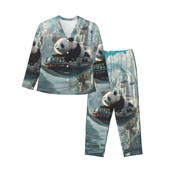 Pofeuu Panda In Futuristic City Print Womens Pajamas Set Long Sleeve Sleepwear Button Down Nightwear Soft Pj Lounge Sets Button Down Pajamas Women-X-Large
