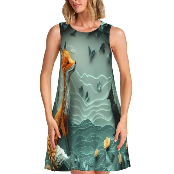 Pofeuu Paper Fox Crow Fantasy Print Women's Sleeveless Dress, Loose Fit Summer Dress, Casual Tank Dress for Women