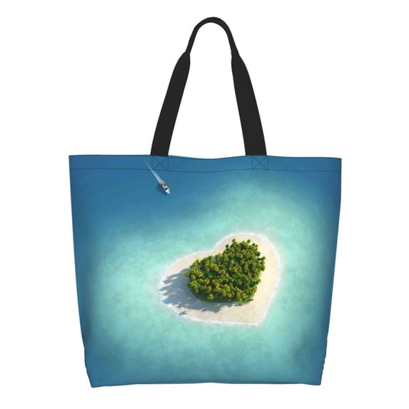 Pofeuu Paradise Island Print Reusable Grocery Bags - Washable, Foldable, Packable Tote, Large Handles, Heavy Duty, Zippered Top Pouch