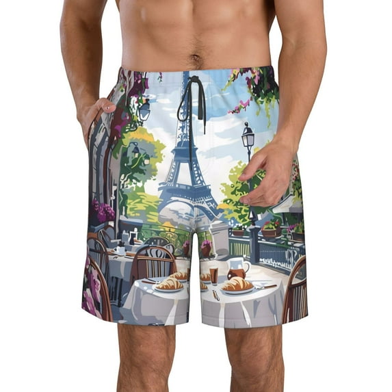 Pofeuu Parisian Cafe With Eiffel Prin Men's Swim Trunks Quick Dry Bathing Suit Swimming Board Shorts Mesh Lining Beach Swimwear-Medium