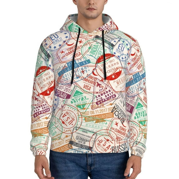 Pofeuu Passport Stamp Print Mens Casual Hooded Collar Drawstring Hoodies Pullover Sweatshirts Casual Long Sleeve Shirts-Medium