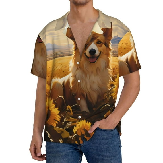 Pofeuu Pastoral Sunflower Corgi Print Mens Casual Short Sleeve Shirts Beach Summer Spread Collar Pocket Tops Men's Casual Short-sleeved Shirt-Large