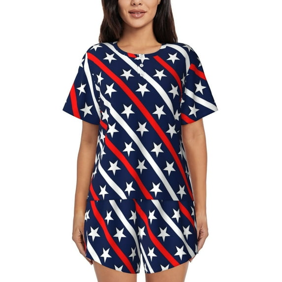 Pofeuu Patriotic Star Print Women's Pajama Set Short/Shorts Soft Button PJs Elastic Drawstring Waist Sleepwear-Large
