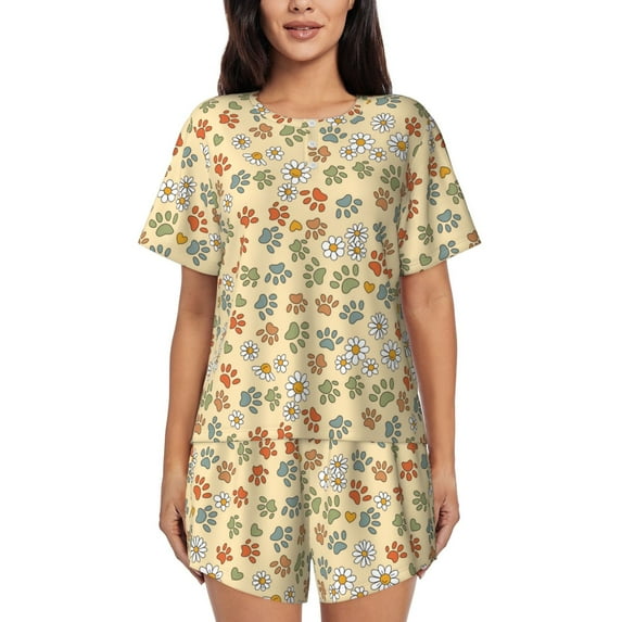 Pofeuu Paw In Groovy Style Print Women's Pajama Set Short/Shorts Soft Button PJs Elastic Drawstring Waist Sleepwear-Large