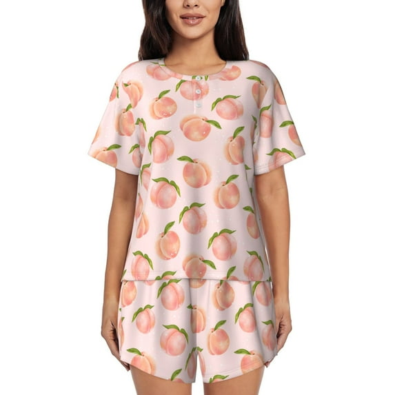 Pofeuu Peach With Leaves Print Women's Pajama Set Short/Shorts Soft Button PJs Elastic Drawstring Waist Sleepwear-4X-Large