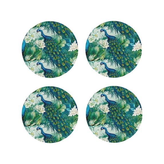 Pofeuu Peacock And Flowers Print Coasters for Drinks, 4Pack PU Leather Coasters, Bar Drink Coasters for Tabletop Protection, Furniture from Damage-Round Shape