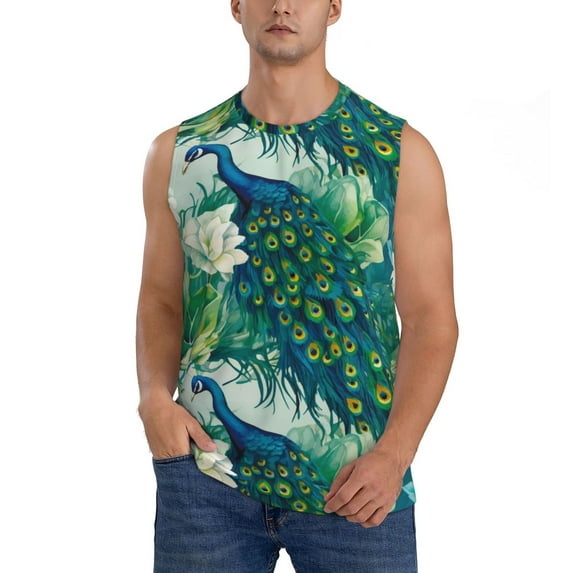 Pofeuu Peacock And Flowers Print Men's Muscle T-Shirt, Sleeveless, Muscle Tank, Classic Muscle Tee Top For Men Casual Sleeveless Muscle T-Shirt Trendy Clothes-Large