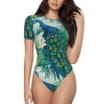 thumbnail image 1 of Pofeuu Peacock And Flowers Print Short Sleeve Body Suits Women Round Neck Bodysuits for Women Onesie Adult Set Body Suit-Small, 1 of 7