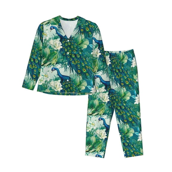 Pofeuu Peacock And Flowers Print Womens Pajamas Set Long Sleeve Sleepwear Button Down Nightwear Soft Pj Lounge Sets Button Down Pajamas Women-Small