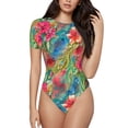 thumbnail image 1 of Pofeuu Peacock Feathers And Flowers Print Short Sleeve Body Suits Women Round Neck Bodysuits for Women Onesie Adult Set Body Suit-, 1 of 7