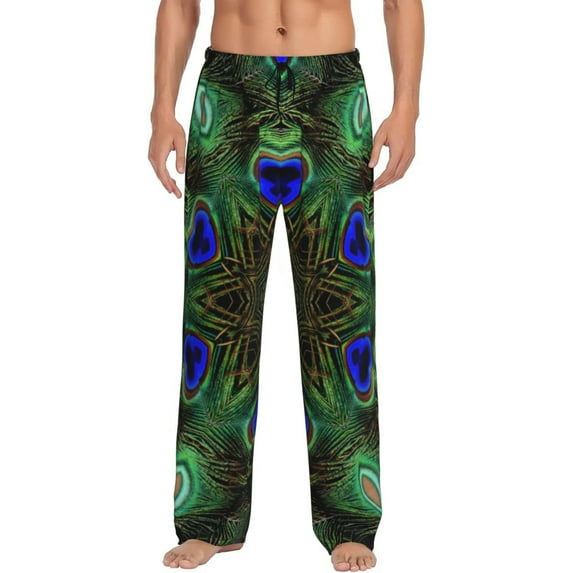 Pofeuu Peacock Feathers Print Men's Pajama Pants, Soft Lounge Pajama Pants with big pockets for Men Plaid Pj Bottoms-XX-Large
