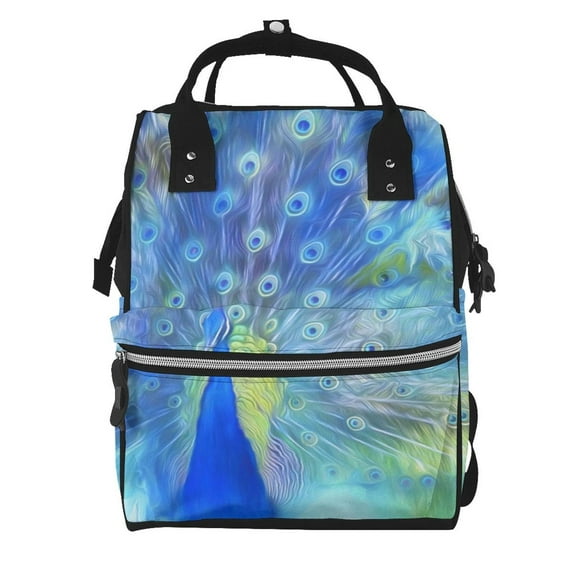 Pofeuu Peacock Print Diaper Bag Backpack, Multifunction Travel Pack Maternity Baby Changing Bags, Large Capacity, Waterproof