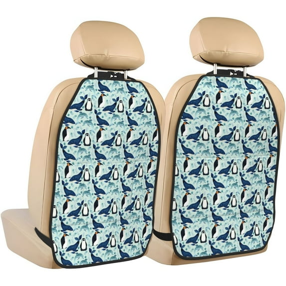 Pofeuu Penguins Dolphins Whales Print 2 Pack PU Leather Kick Mat Back Seat Protector, Universal Car Seat Back Organizer, Waterproof Backseat Protector For Most Car
