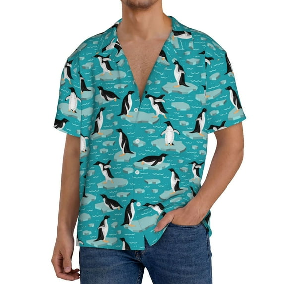 Pofeuu Penguins On The Ice In The Sea Print Mens Casual Short Sleeve Shirts Beach Summer Spread Collar Pocket Tops Men's Casual Short-sleeved Shirt-X-Large