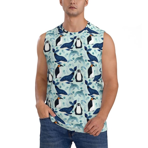 Pofeuu Penguins Whales Print Men's Muscle T-Shirt, Sleeveless, Muscle Tank, Classic Muscle Tee Top For Men Casual Sleeveless Muscle T-Shirt Trendy Clothes-XX-Large