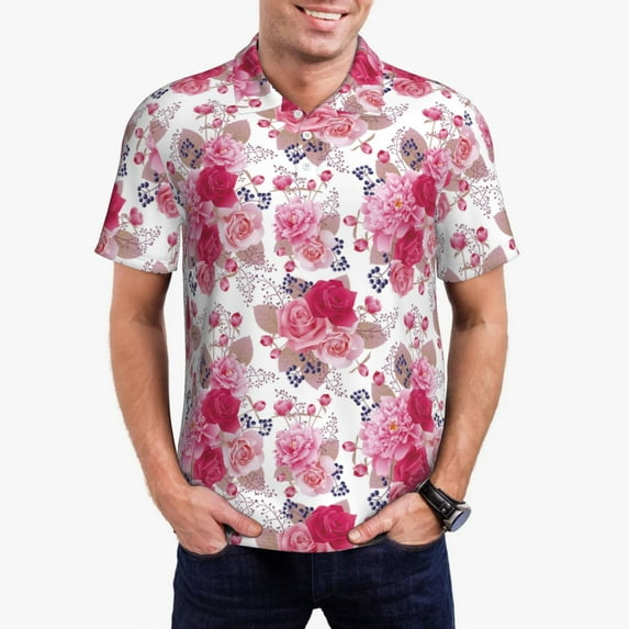 Pofeuu Peonies And Roses Print Men's Loose Fit Midweight Short-Sleeve Pocket Polo-Large