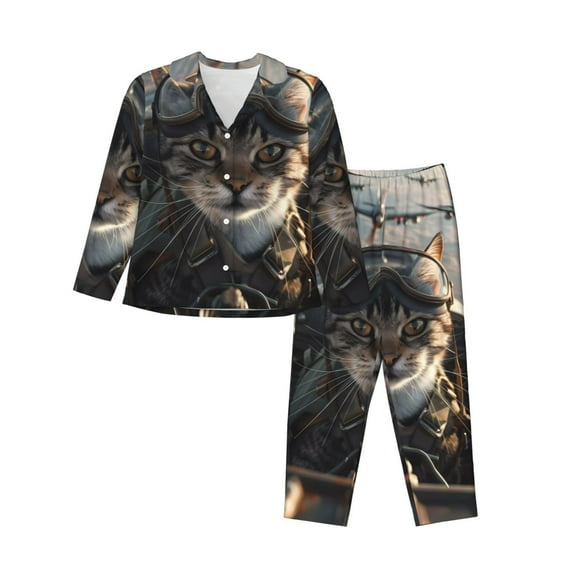 Pofeuu Pilot Cat In Vintage Plane Print Womens Pajamas Set Long Sleeve Sleepwear Button Down Nightwear Soft Pj Lounge Sets Button Down Pajamas Women-Large