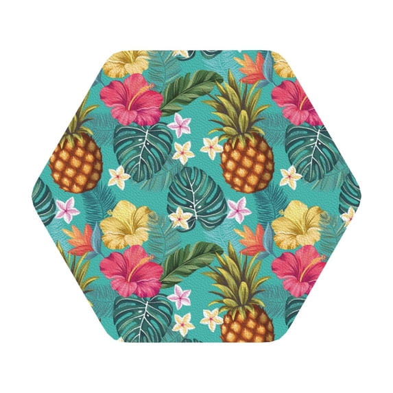 Pofeuu Pineapple Print Leather Coasters Set of 6, Round Cups Mugs Mat Pad for Home Kitchen Heat Resistant Drink Coasters,Hexagon