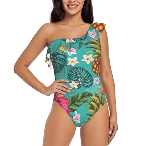 Pofeuu Pineapple Print Women's One Piece Swimsuits One Shoulder Swimwear Asymmetric Ruffle Monokinis Bathing Suits-X-Large