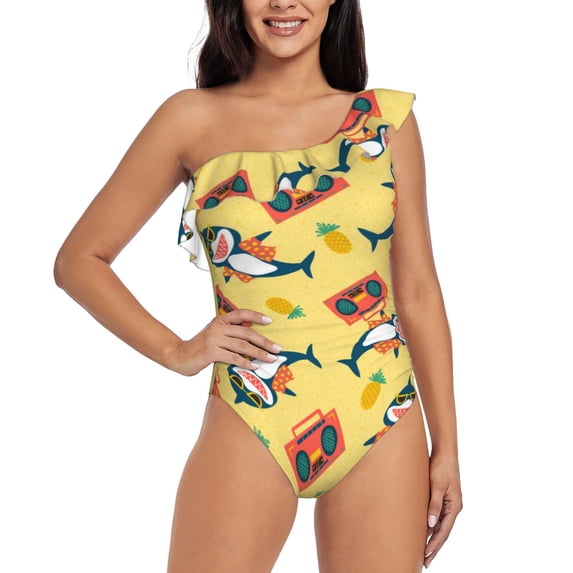 Pofeuu Pineapples Sharks In Hawaiian Print Women's One Piece Swimsuits One Shoulder Swimwear Asymmetric Ruffle Monokinis Bathing Suits-Small