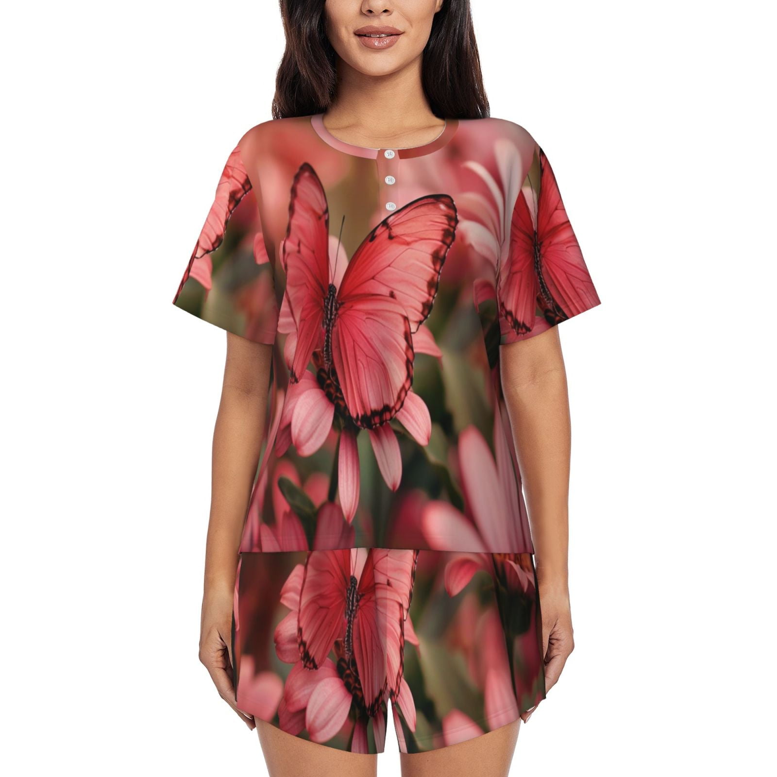 Pofeuu Pink Butterfly Print Women's Pajama Set Short/Shorts Soft Button ...