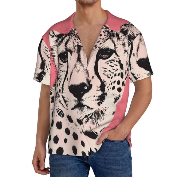 Pofeuu Pink Cheetah Art Print Mens Casual Short Sleeve Shirts Beach Summer Spread Collar Pocket Tops Men's Casual Short-sleeved Shirt-Small
