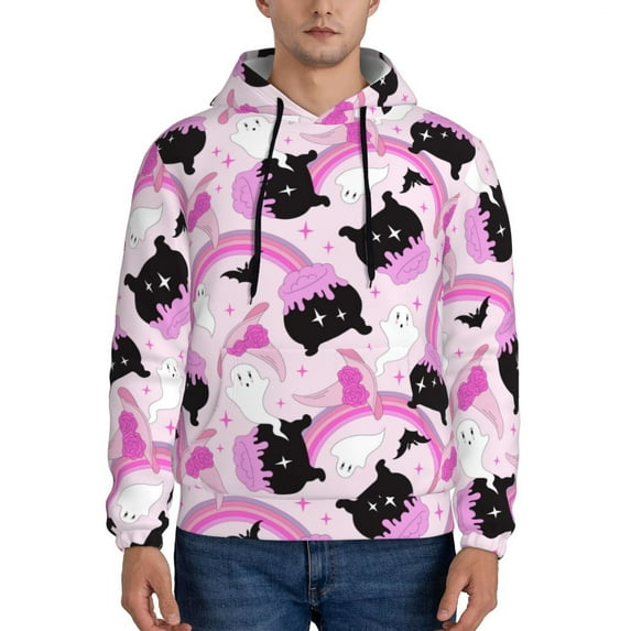 Pofeuu Pink Girl Halloween Print Mens Casual Hooded Collar Drawstring Hoodies Pullover Sweatshirts Casual Long Sleeve Shirts-Large