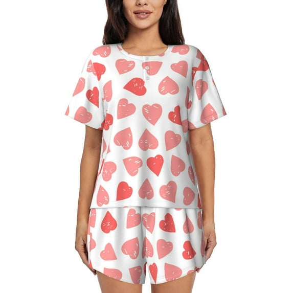 Pofeuu Pink Hearts1 Print Women's Pajama Set Short/Shorts Soft Button PJs Elastic Drawstring Waist Sleepwear-XX-Large
