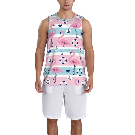 Pofeuu Pink Striped Flamingo Print Basketball Jersey, Shirts for Men Youth Basketball Jersey Crew Neck-Small