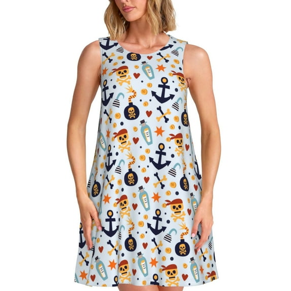 Pofeuu Pirate skulls Print Women's Sleeveless Dress, Loose Fit Summer Dress, Casual Tank Dress for Women