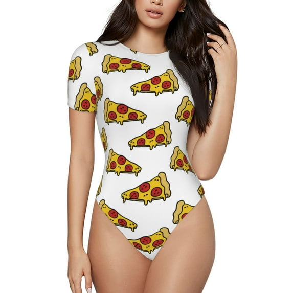 Pofeuu Pizza Print Short Sleeve Body Suits Women Round Neck Bodysuits for Women Onesie Adult Set Body Suit-Large