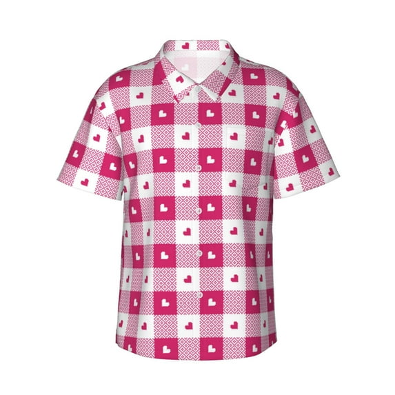 Pofeuu Plaid Heart Print Hawaiian Shirt for Men Sleeves Casual Button Down Summer Beach Dress Shirts T-Shirts,Medium