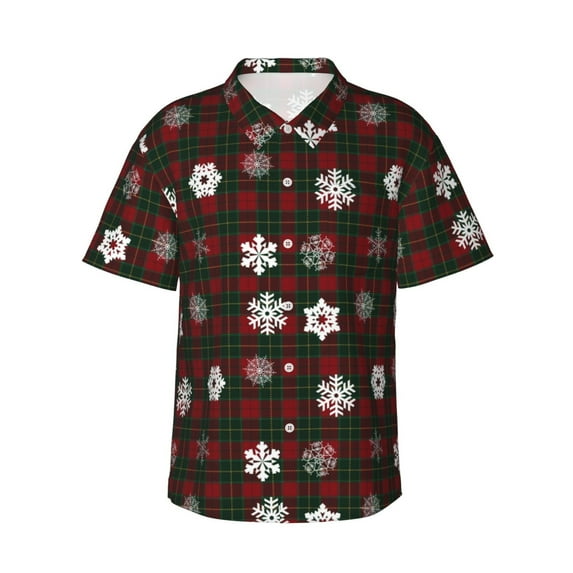 Pofeuu Plaid Snowflakes Festive Print Hawaiian Shirt for Men Sleeves Casual Button Down Summer Beach Dress Shirts T-Shirts,3X-Large