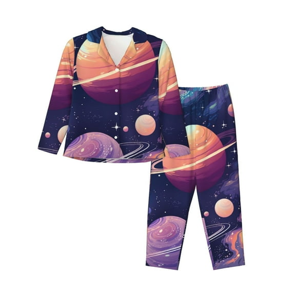 Pofeuu Planet Pastel Galaxy Print Womens Pajamas Set Long Sleeve Sleepwear Button Down Nightwear Soft Pj Lounge Sets Button Down Pajamas Women-Medium