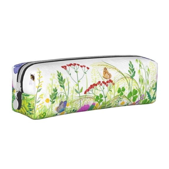 Pofeuu Plants and Insects Print Leather Pencil Case, Leather Pencil Pouch Large Capacity, Big Pencil Pouch with Zipper Vintage Pen Bag Fountain Pen Holder