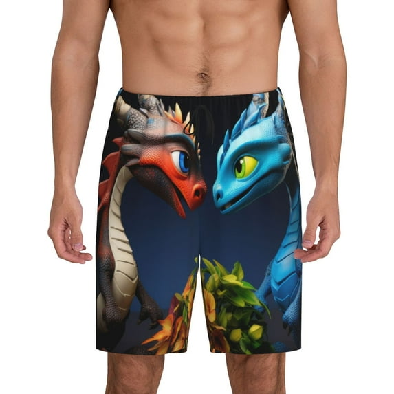 Pofeuu Playful Colorful Dragons Flowers Print Men's Soft Woven Elastic Waistband Sleep Pajama Short-Large