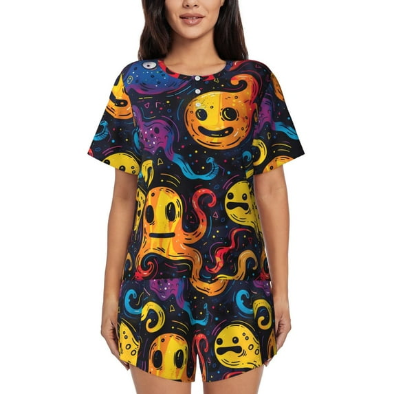Pofeuu Playful Ghosts Night Sky Print Women's Pajama Set Short/Shorts Soft Button PJs Elastic Drawstring Waist Sleepwear-XX-Large
