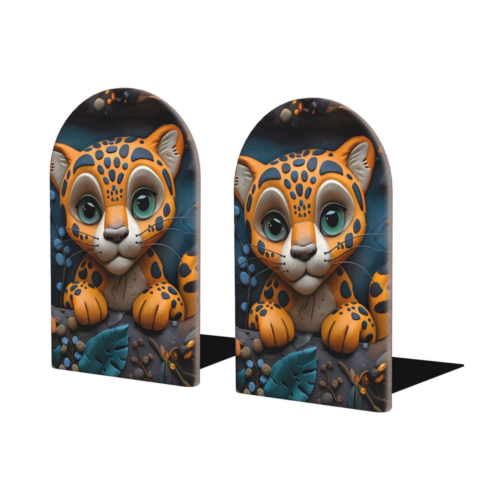 Pofeuu Playful Leopard Art Print Large Bookend Hold Heavy Books- Wood ...