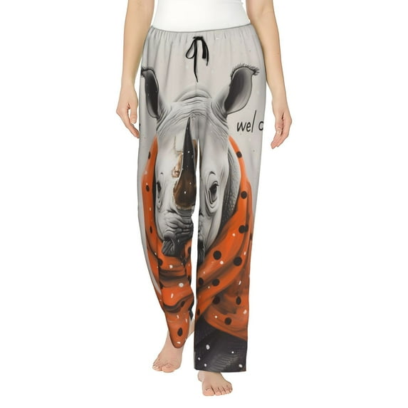 Pofeuu Polka Dot Rhino Welcome Print Women's Fashion Pajama Pants with Pockets Comfy Drawstring Sleep Lounge Bottoms-Medium