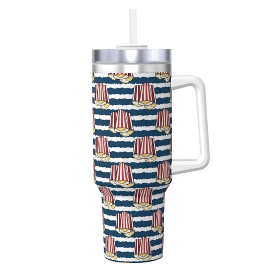 Pofeuu Popcorn Print 40oz Ice Bully With Handle And Straw Stainless Steel Vacuum Insulated Cup And 2 In 1 Straw Lid