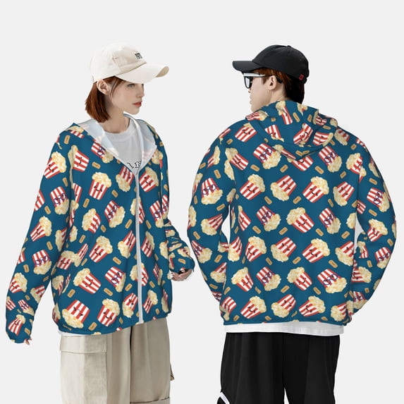 Pofeuu Popcorn With Glasses Print Sun Protection Outdoor Lightweight Full Zip UV Cooling Hoodie Long Sleeve Summer Clothing for Outdoor Hiking-Small
