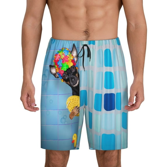 Pofeuu Prague Ratter Dog in Bathtub Print Men's Soft Woven Elastic Waistband Sleep Pajama Short-3X-Large