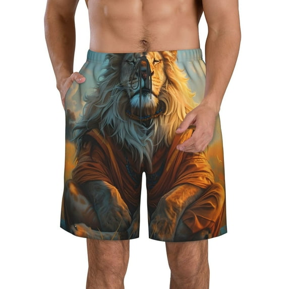Pofeuu Prairie Meditating Lion Prin Men's Swim Trunks Quick Dry Bathing Suit Swimming Board Shorts Mesh Lining Beach Swimwear-X-Large